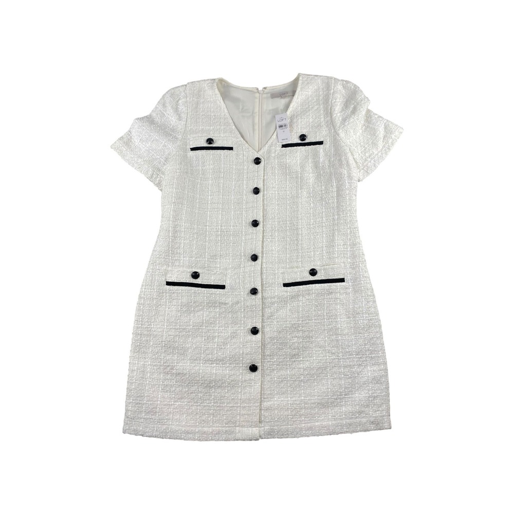 LOFT Tweed Button Front V Neck Short Sleeve Dress White‎ Black Size 12